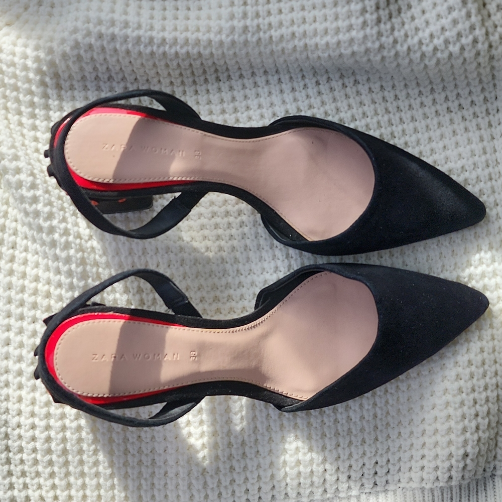 Zara woman suede ruffle slingback boxy heel 8